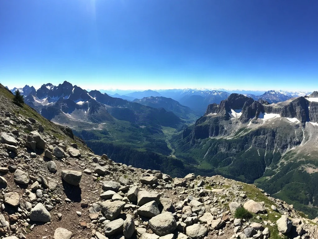 Panoramiczny widok na szczyt Rysy w Tatrach Wysokich z kamienistym szlakiem na pierwszym planie.