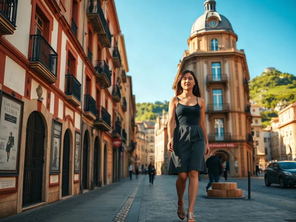 Stylowa kobieta spacerująca brukowaną ulicą w baskijskim mieście na tle zabytkowej architektury i zielonych wzgórz.