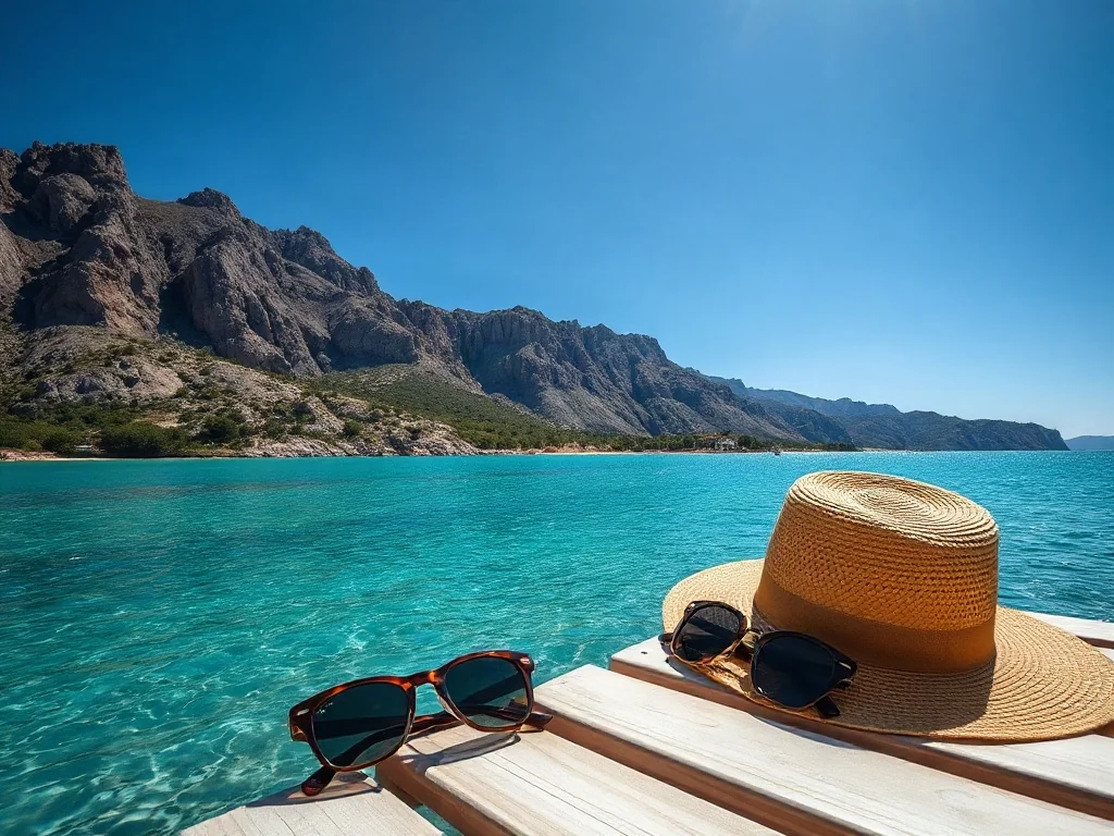 Piaszczysta plaża w Albanii z turkusową wodą, leżakiem, kapeluszem i okularami na tle górskiego krajobrazu.