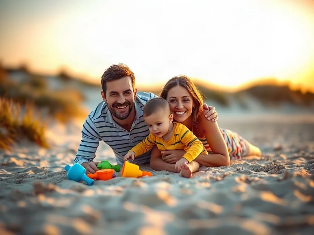 Szczęśliwa rodzina z dzieckiem bawi się na piaszczystej plaży nad Bałtykiem podczas zachodu słońca.