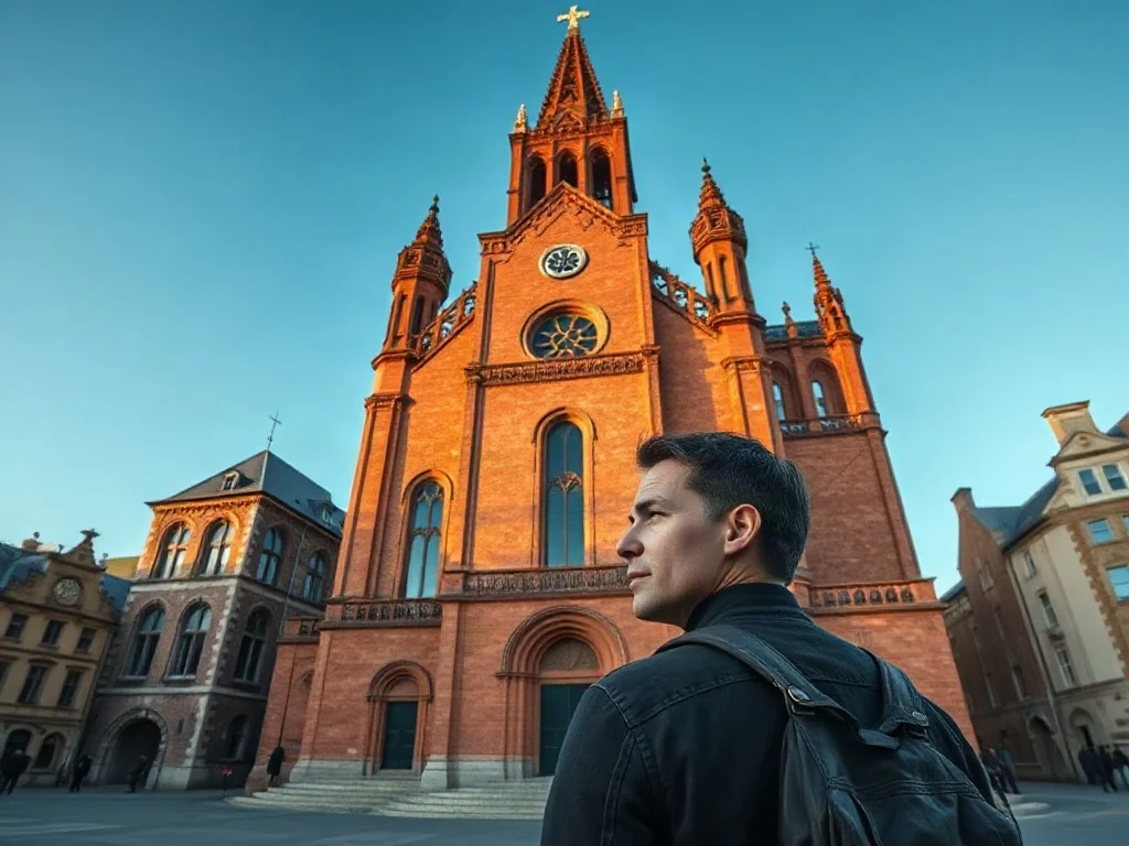 Mężczyzna podziwiający monumentalną gotycką bazylikę z cegły wznoszącą się nad spokojnym rynkiem miasta.
