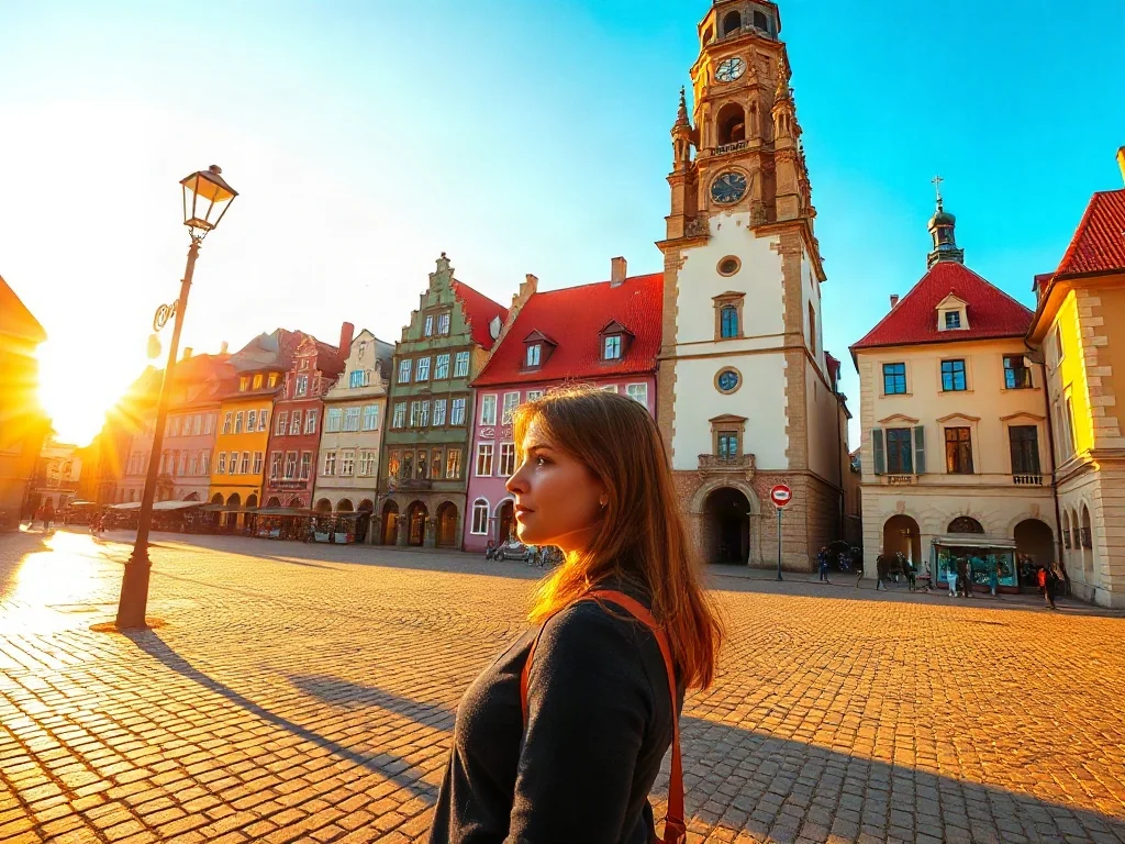 Rynek w Zamościu o zachodzie słońca z widokiem na kolorowe kamienice i zabytkowy ratusz.